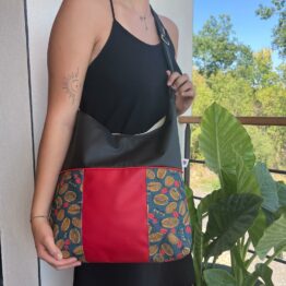 Sac à main bi-matières en coton et simili cuir avec sangle réglable - Modèle artisanal Valère